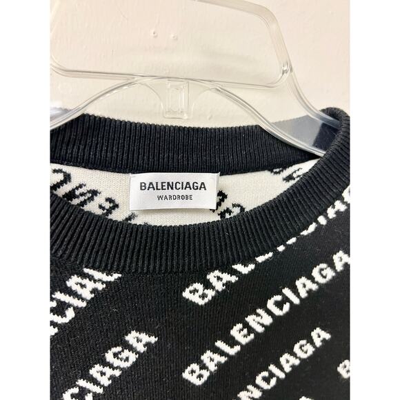 Balenciaga All Over Logo Long Sleeve Crewneck Sweater Black/White Womens Size XS - Picture 3 of 6